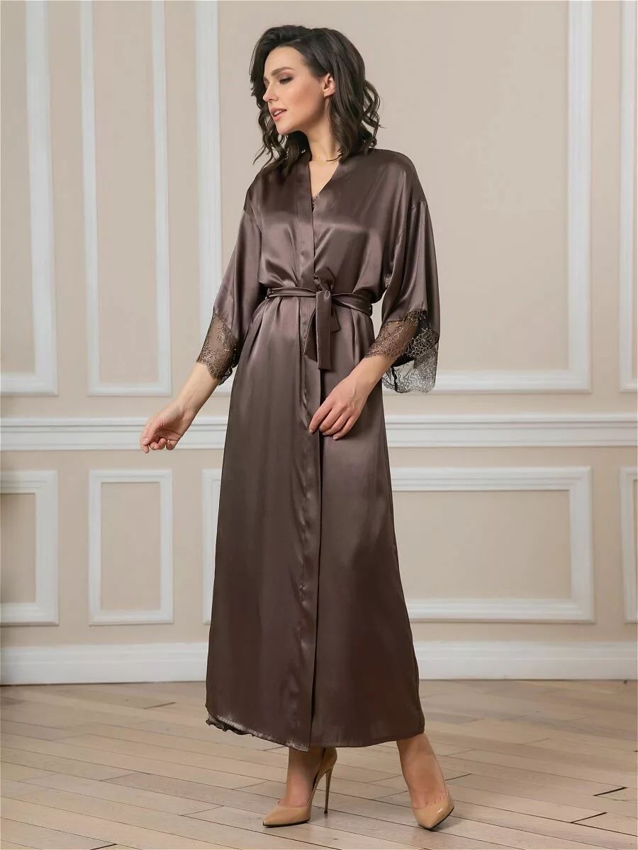 Длинный халат на поясе из искусственного шелка 6
