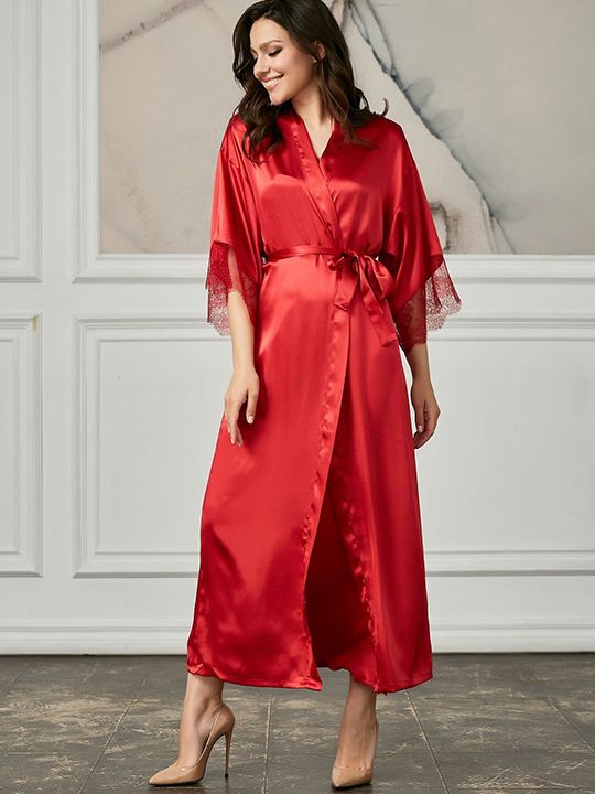 Длинный халат на поясе из искусственного шелка 3