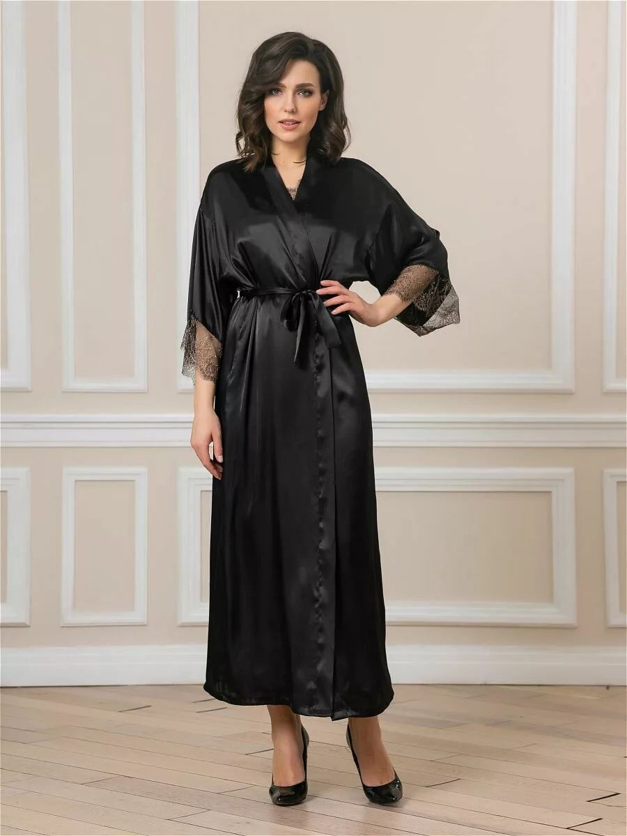 Длинный халат на поясе из искусственного шелка 1