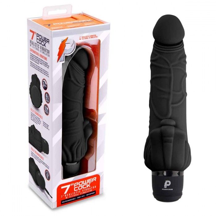 Черный вибратор-реалистик с клиторальными лепестками 7" Realistic Vibrator - 21,5 см.