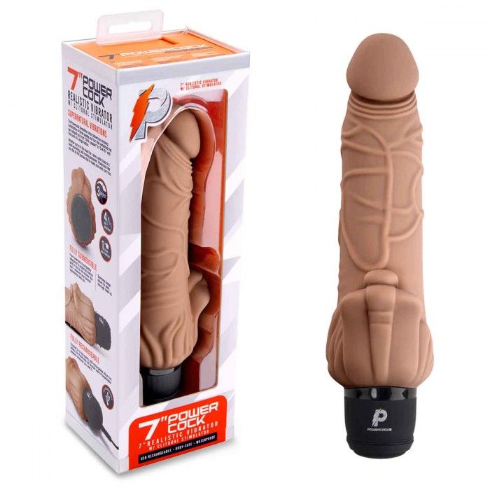 Кофейный вибратор-реалистик с клиторальными лепестками 7" Realistic Vibrator - 21,5 см.