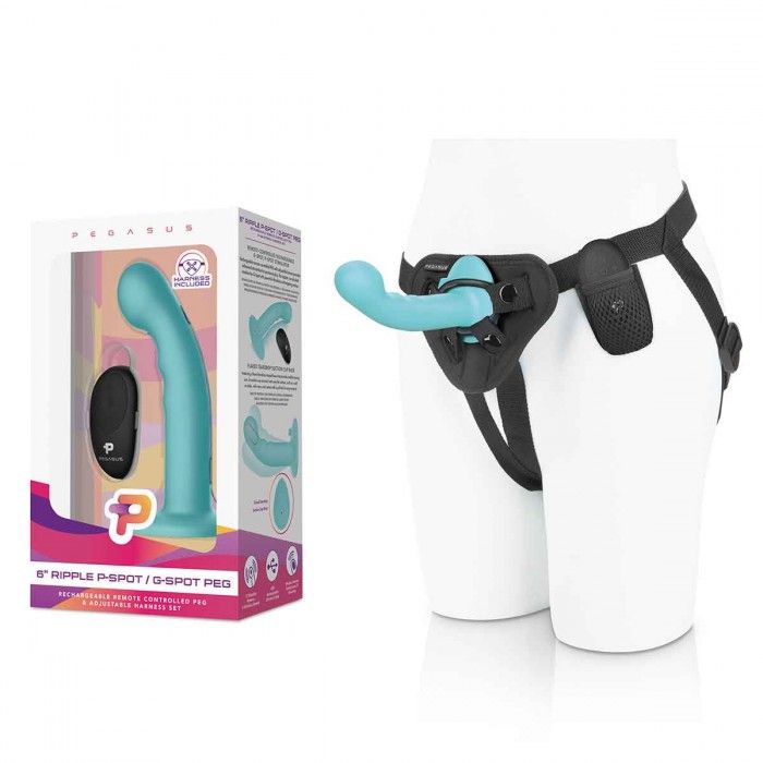 Голубая изогнутая насадка 6in Remote Control Ripple P-Spot G-Spot на черных трусиках - 16 см. 3