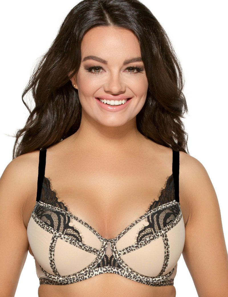 Пуш-ап бюстгальтер с контрастным кружевом и леопардовой отделкой 1