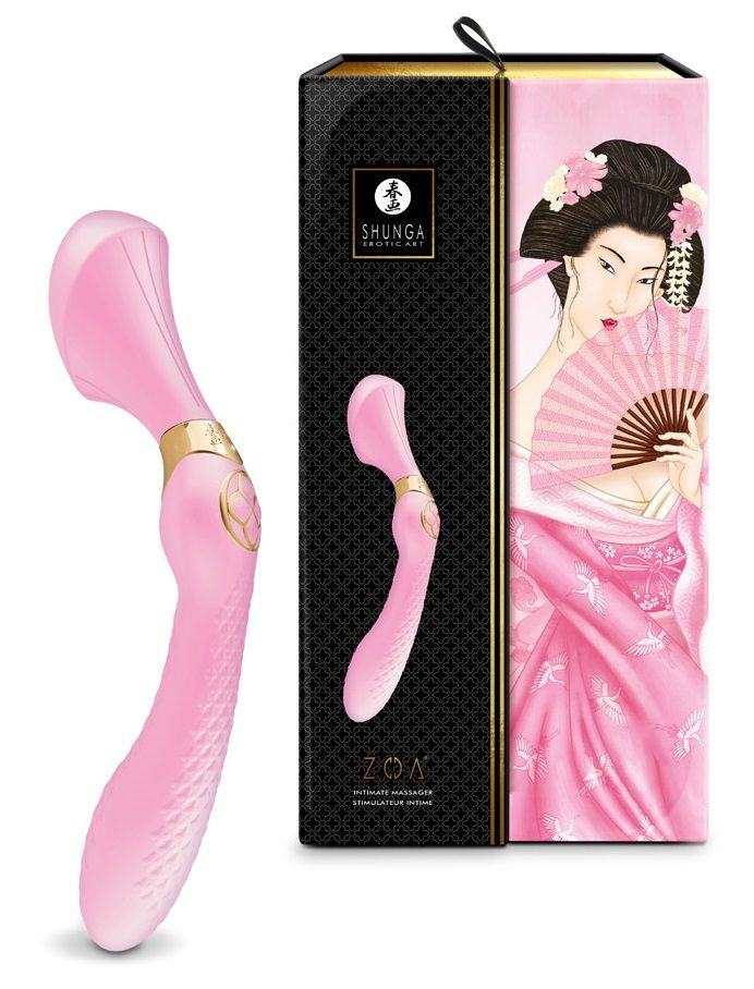 Розовый двусторонний вибростимулятор ZOA - 26,5 см. 3