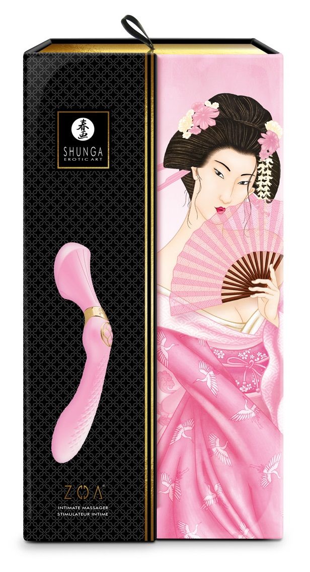 Розовый двусторонний вибростимулятор ZOA - 26,5 см. 5