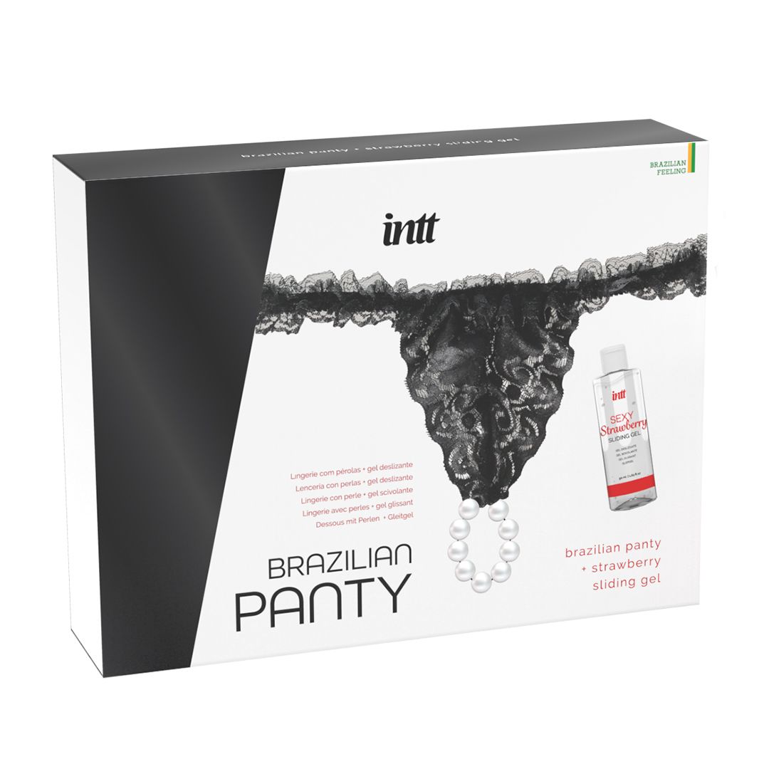 Набор Brazilian Panty: черные трусики со стимулирующими бусинами и массажный гель Sliding Gel Strawberry 1