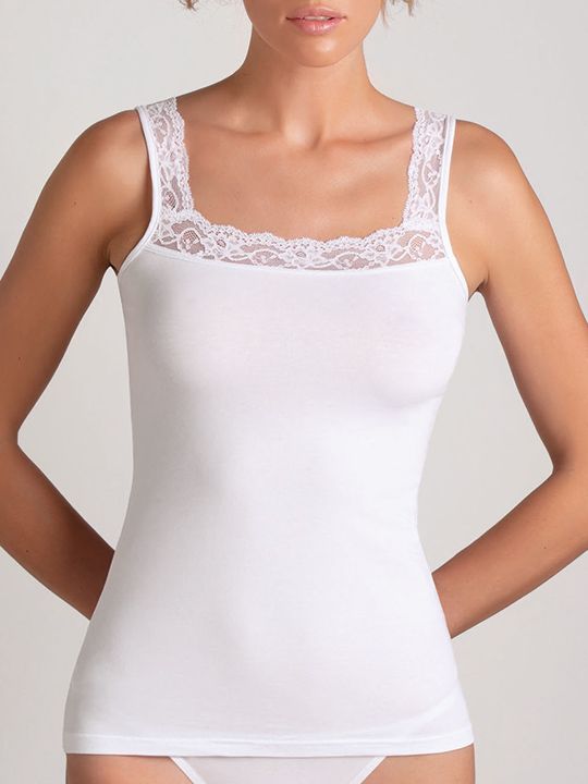 Маечка из хлопкового полотна с широкими кружевными бретелями 5