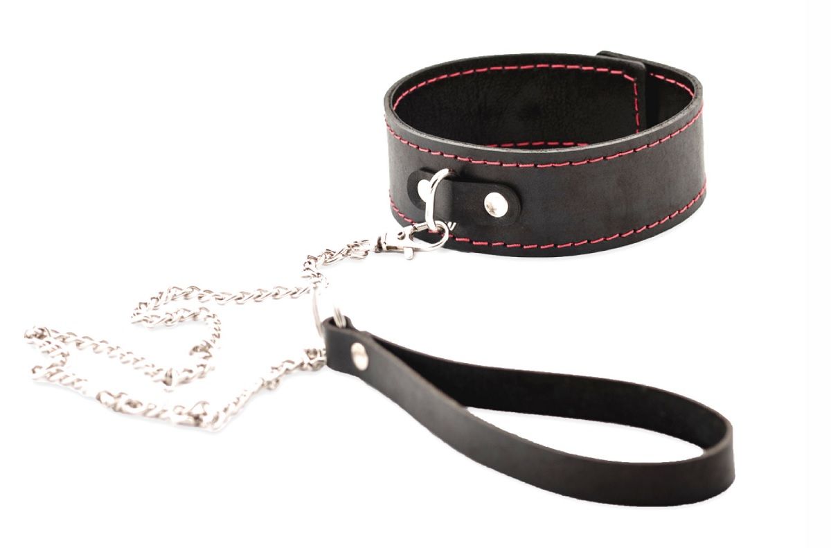 Черный широкий ошейник с красной строчкой и поводком 1
