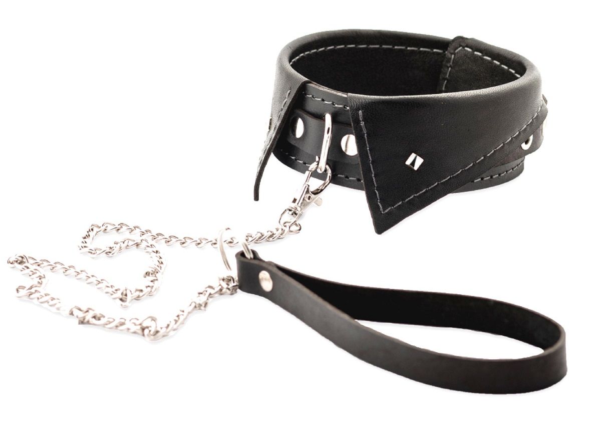 Черный ошейник-воротничок с металлическим поводком 1