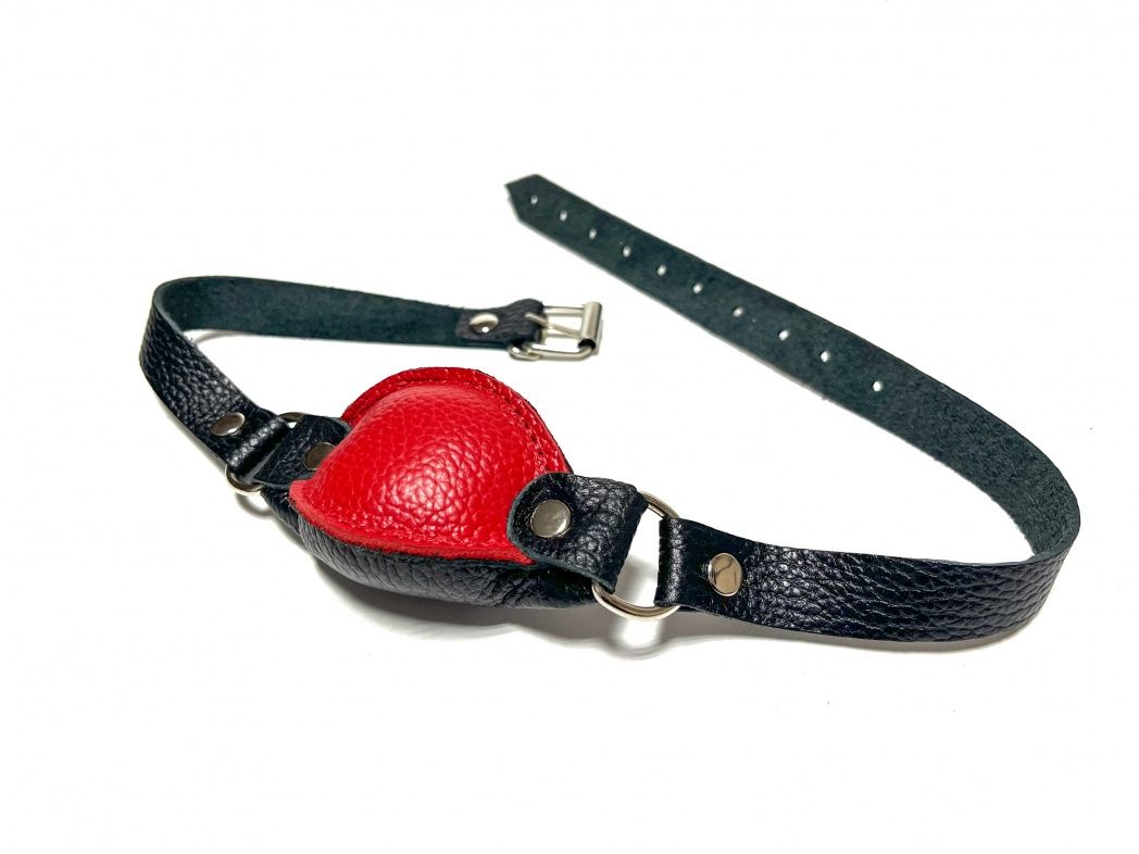 Красно-черный кожаный кляп на ремешках с пряжкой 1