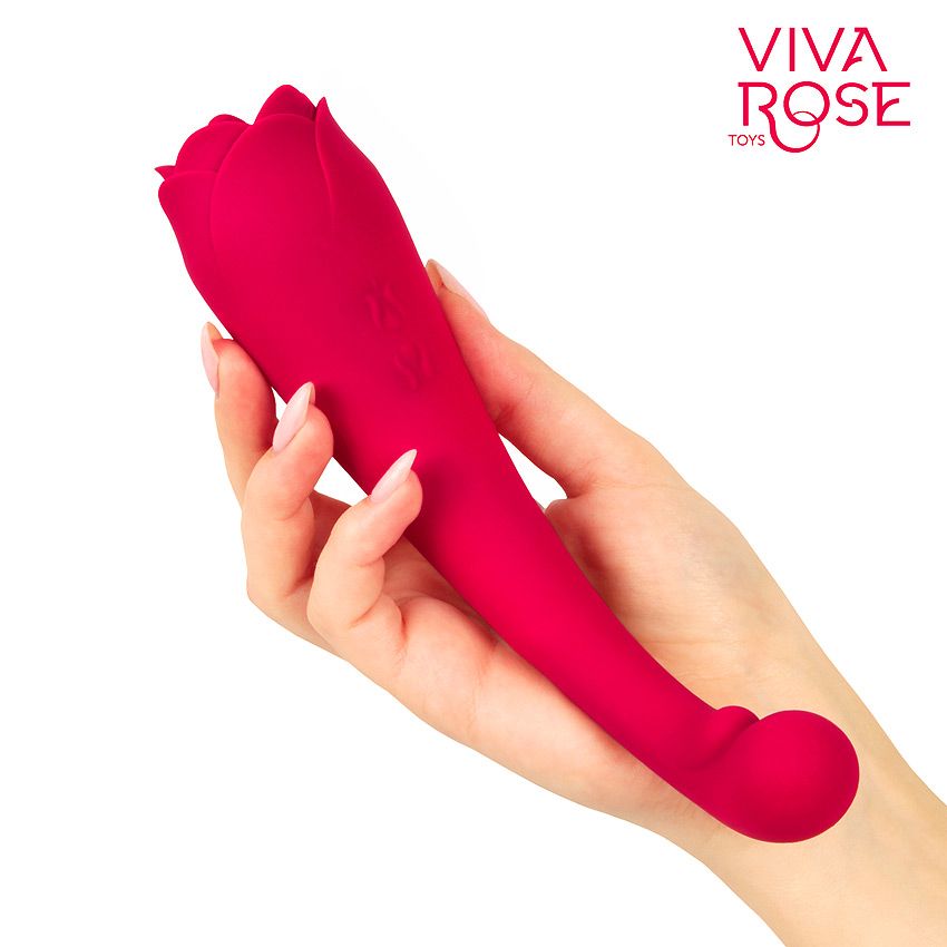 Малиновый двусторонний вибростимулятор с подвижным язычком - 19 см. 4