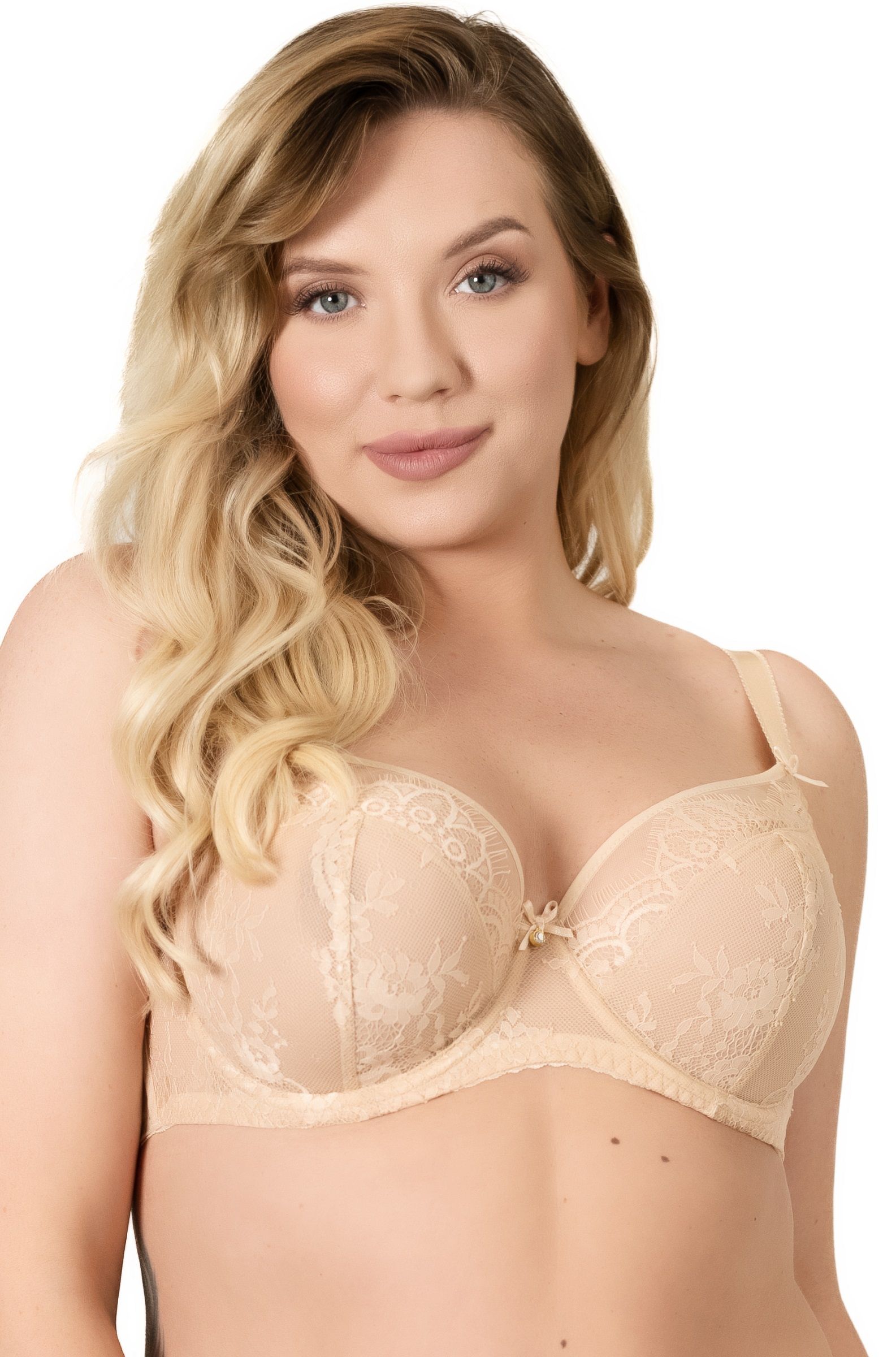 Телесный бюстгальтер с мягкой чашкой +size из кружева с «ресничками» 1