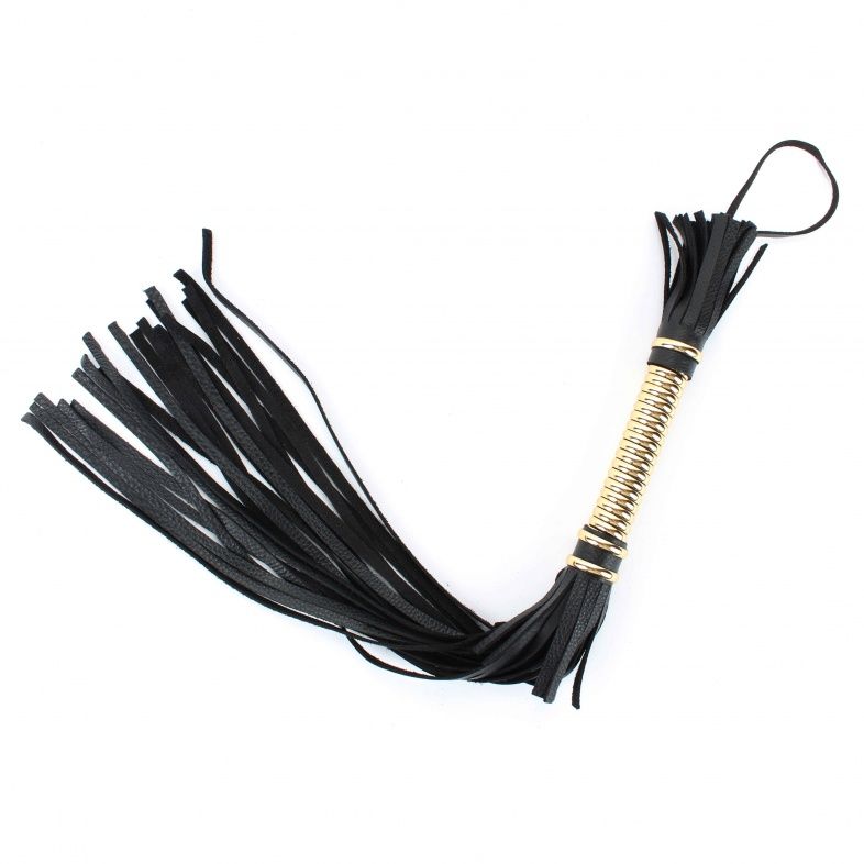 Чёрная плетка из натуральной кожи с золотистой отделкой рукояти - 60 см. 2