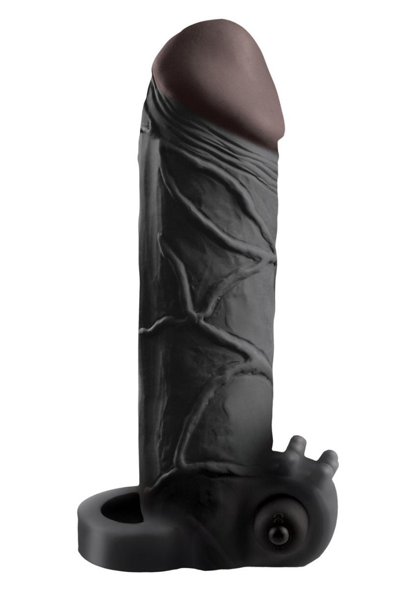 Чёрная вибронасадка с кольцом Vibrating Real Feel 2 Extension - 16 см. 1