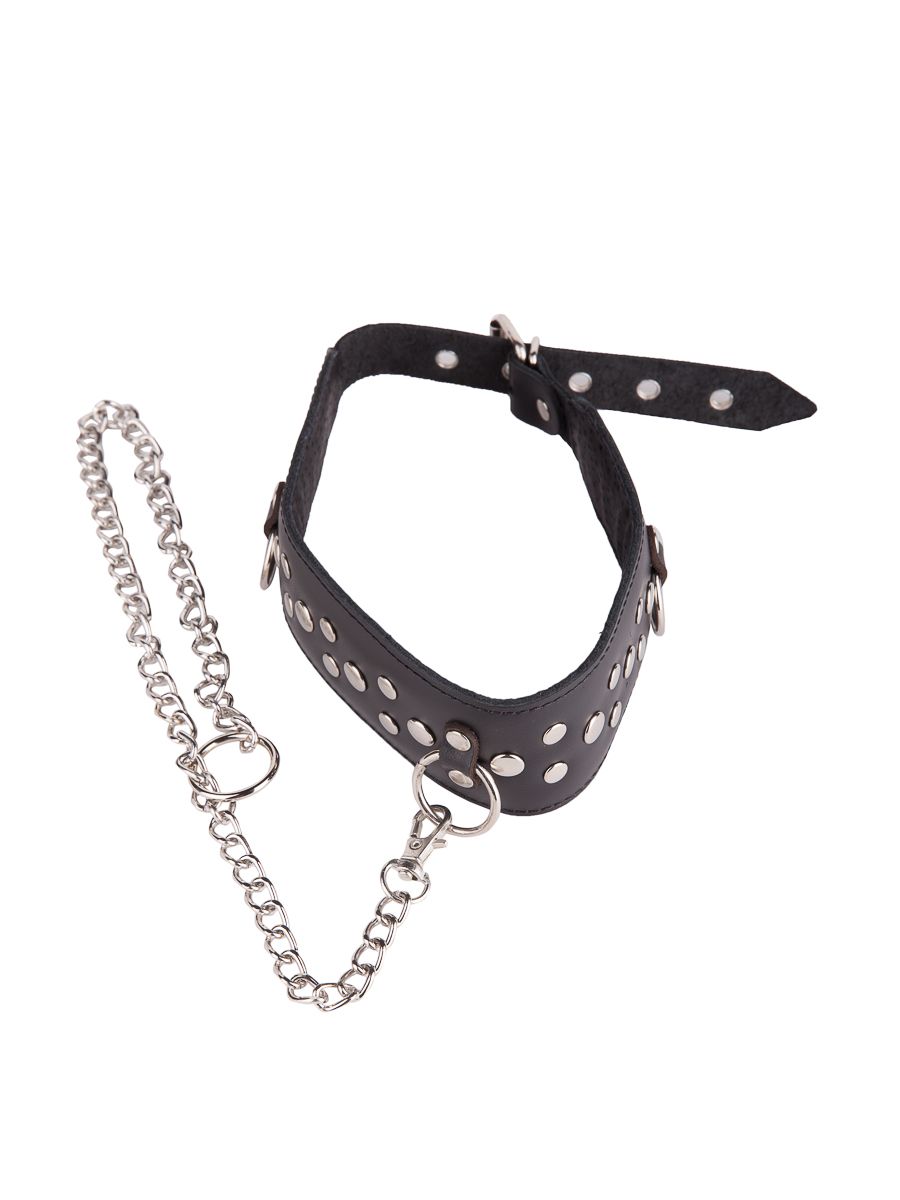 Чёрный кожаный ошейник с карабином и поводком 3