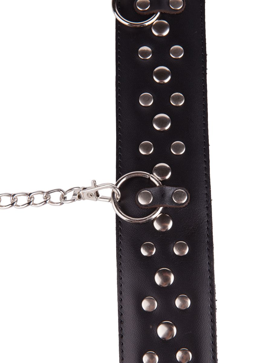 Чёрный кожаный ошейник с карабином и поводком 4