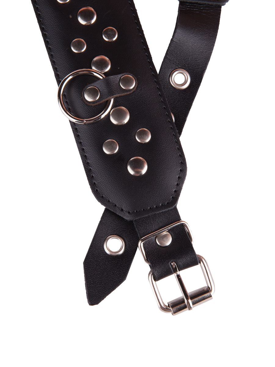 Чёрный кожаный ошейник с карабином и поводком 5