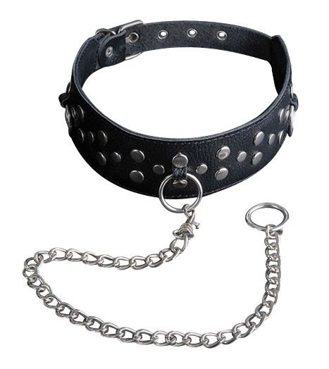 Чёрный кожаный ошейник с карабином и поводком 1
