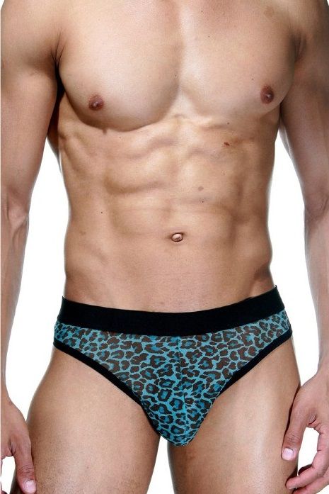 Черно-голубые трусы-тонги с леопардовым принтом 1