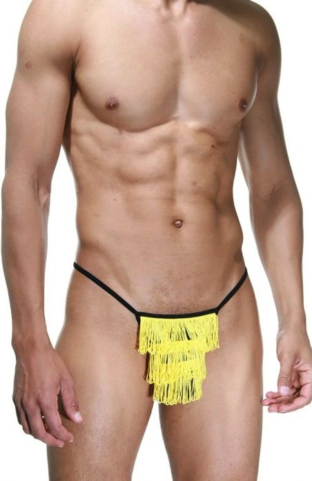 Черные трусы-стринги с желтой бахромой 1