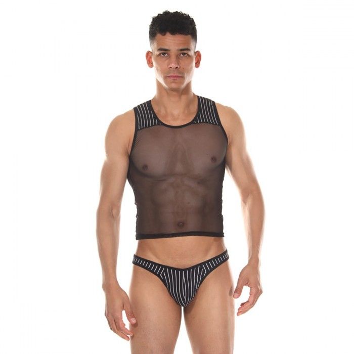 Мужской комплект: короткая майка и трусы-тонги в полоску 1