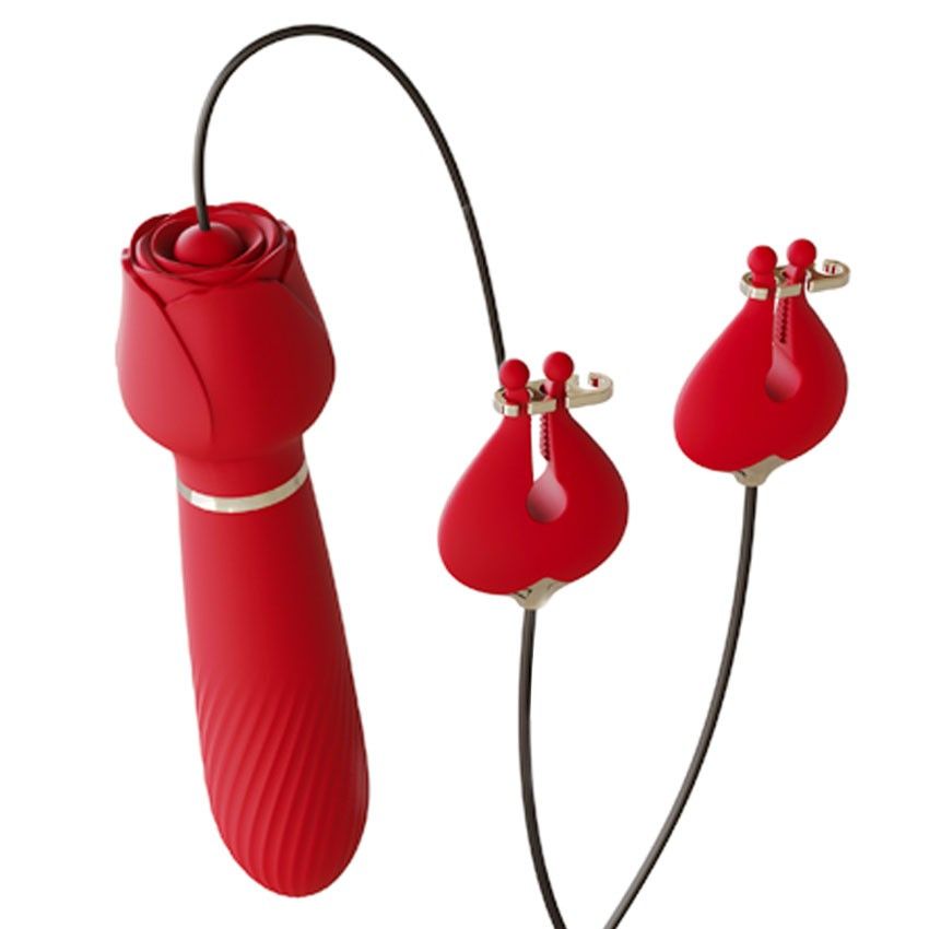 Красный вибромассажёр с зажимами для сосков - 16 см. 6