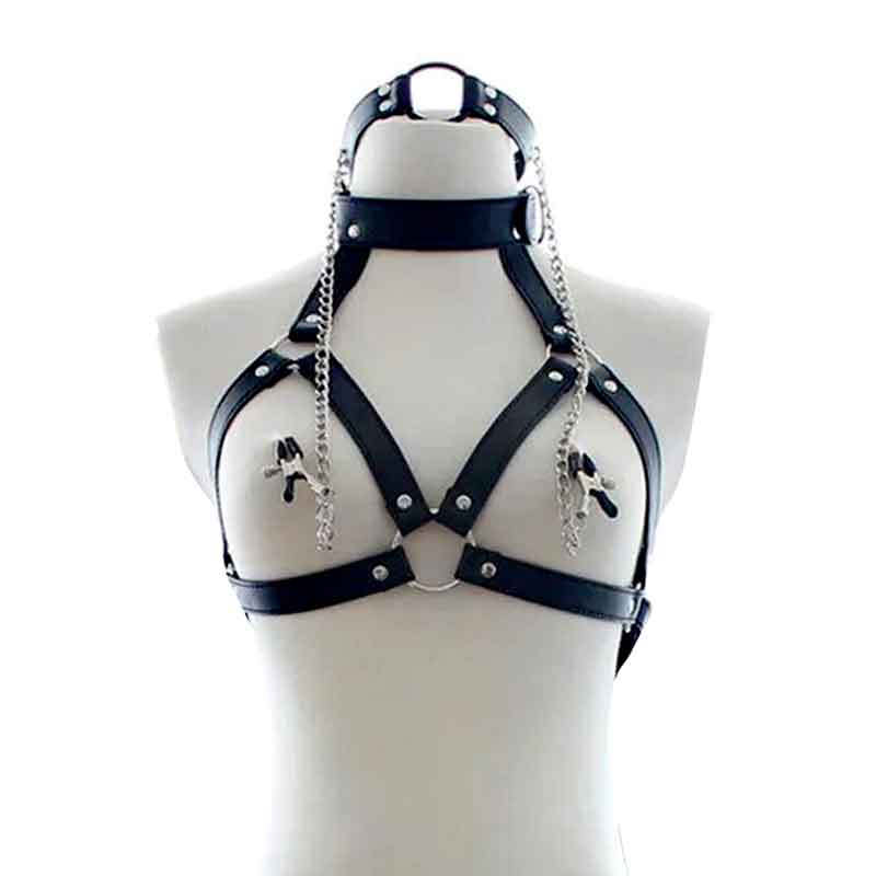 Черная портупея на грудь с кляпом и зажимами для сосков 1