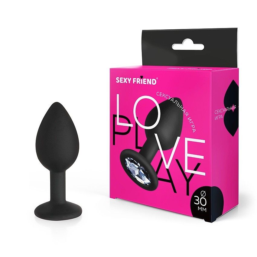 Черная силиконовая анальная втулка с прозрачным кристаллом - 7,3 см. 2