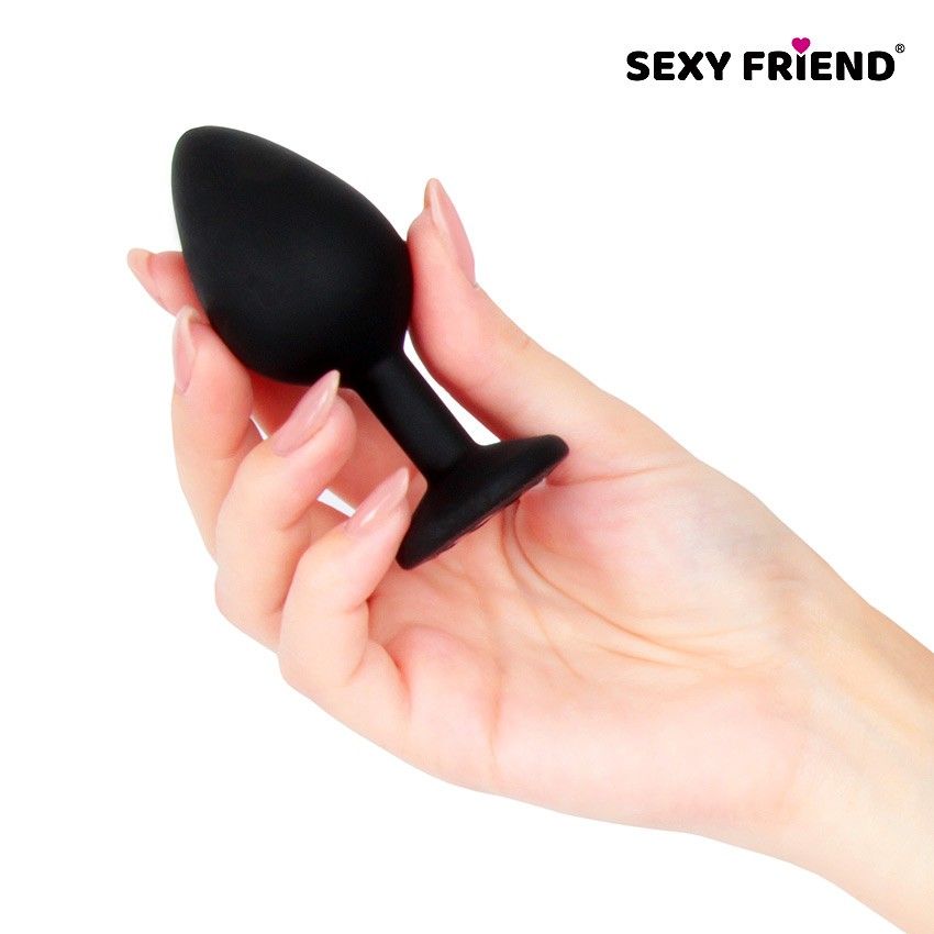 Черная силиконовая анальная втулка с сиреневым кристаллом - 8 см. 4