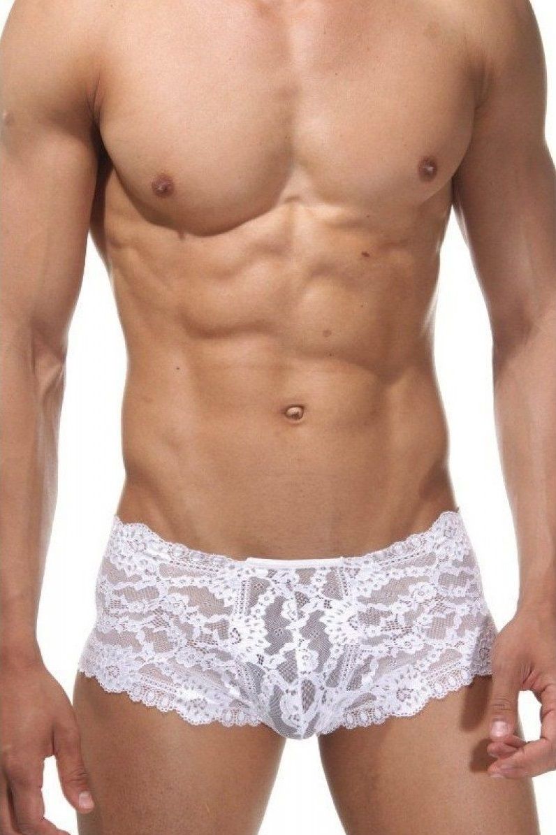 Белые мужские трусы-хипсы из кружевной ткани 1