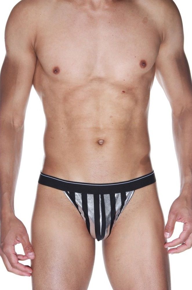 Черные мужские трусы-тонги в серебристую полоску 1