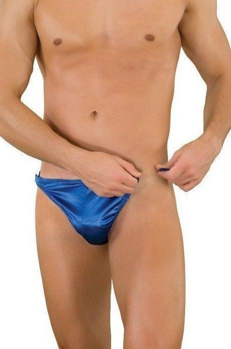 Синие трусы-тонги с застежкой сбоку и сатиновым блеском 2
