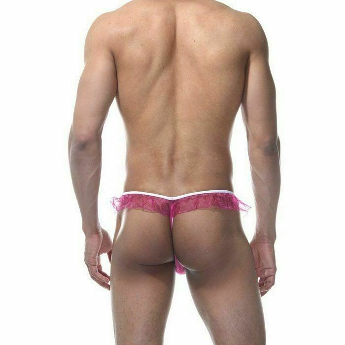 Мужские розовые трусы-тонги с оборками 2