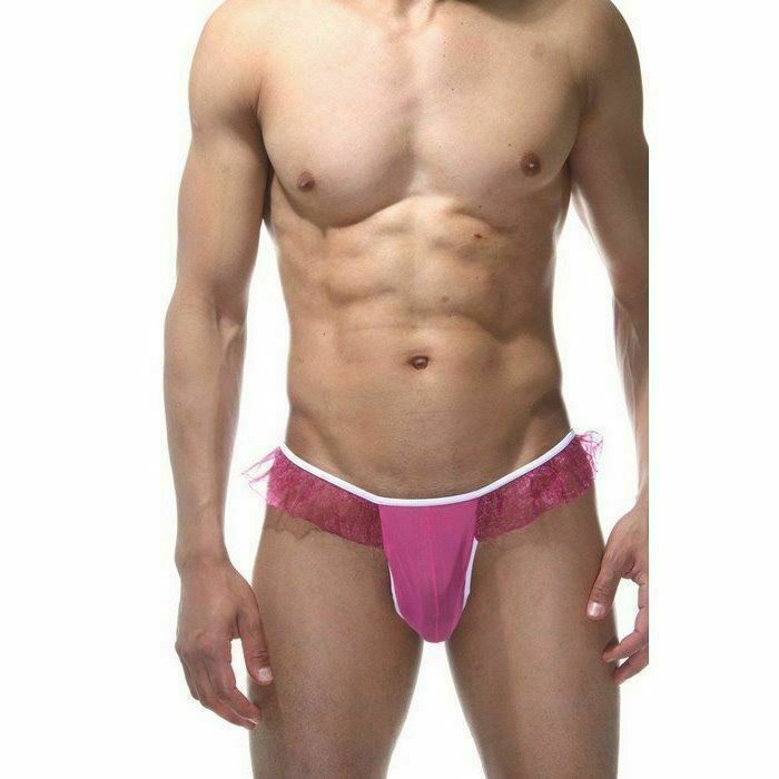 Мужские розовые трусы-тонги с оборками 3