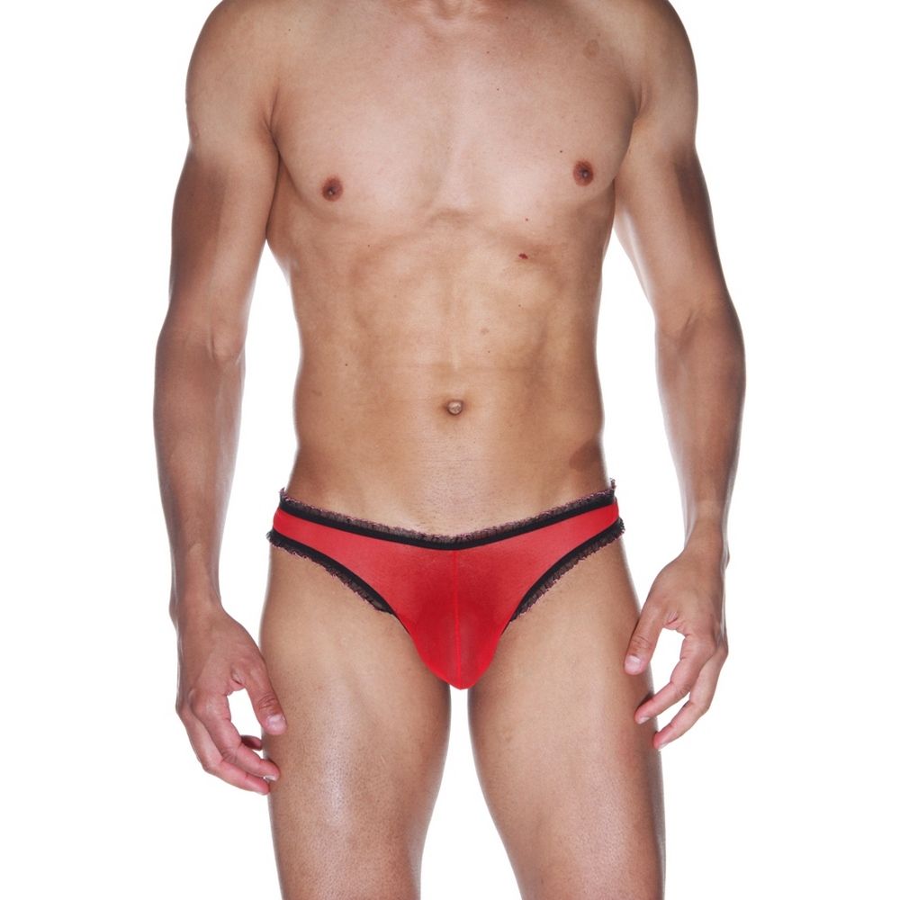 Мужские красные трусы-бразилиана с черной рюшевой отделкой 1