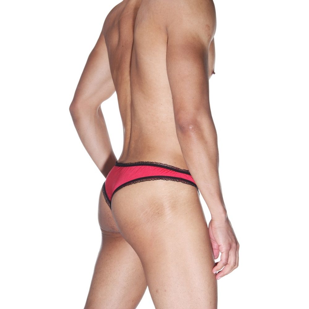 Красные мужские трусы-бразилиана с черной рюшевой отделкой 2