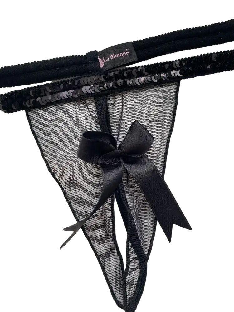 Сексуальные трусики-стринги с пайетками на поясе и бантом 2