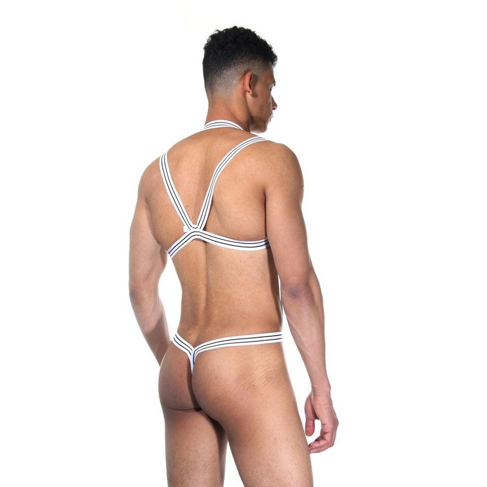 Белое мужское боди из широких резинок 2