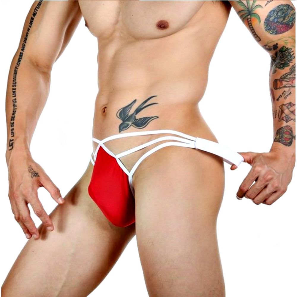 Красные сексуальные трусы-стринги на тонких белых бретелях 2