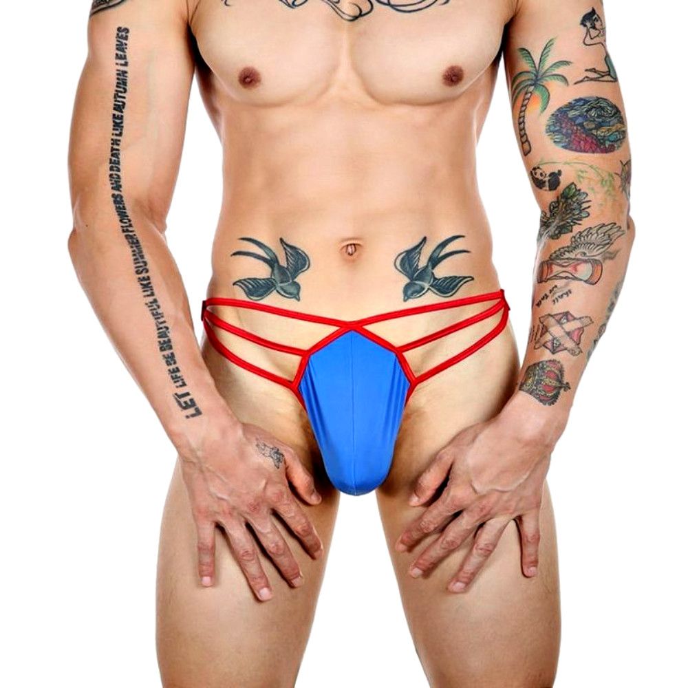 Синие сексуальные трусы-стринги на тонких красных бретелях 1