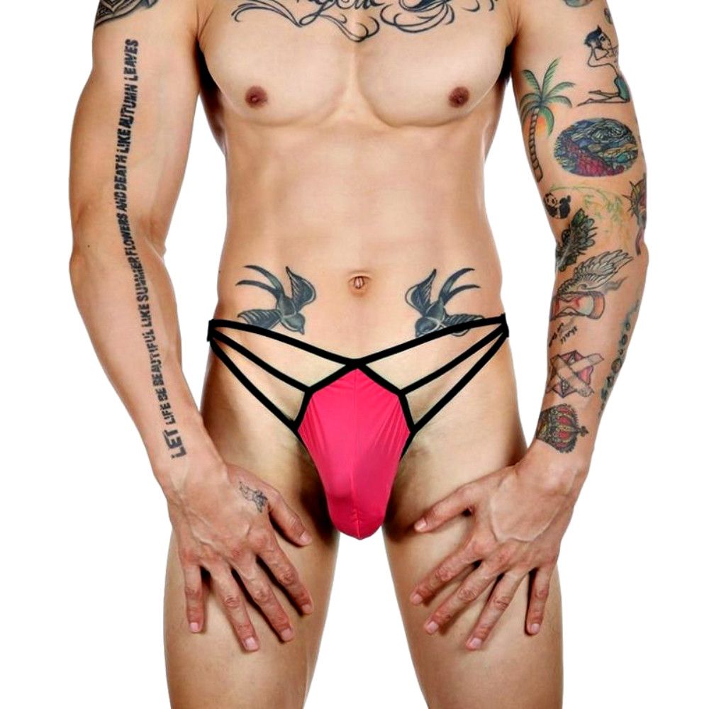 Розовые сексуальные трусы-стринги на тонких черных бретелях 1