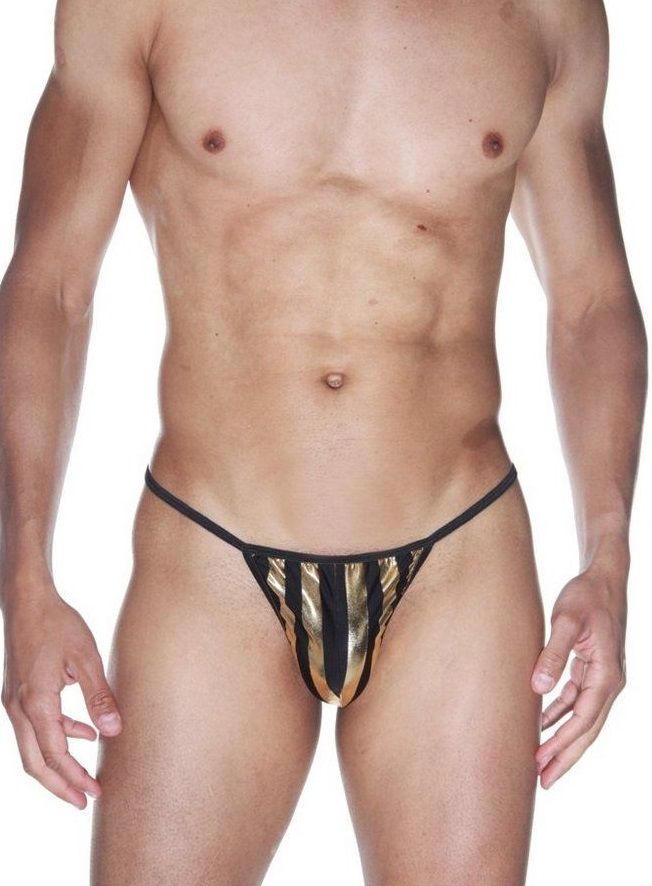 Мужские трусы-стринги из черной ткани в широкую золотую полоску 1