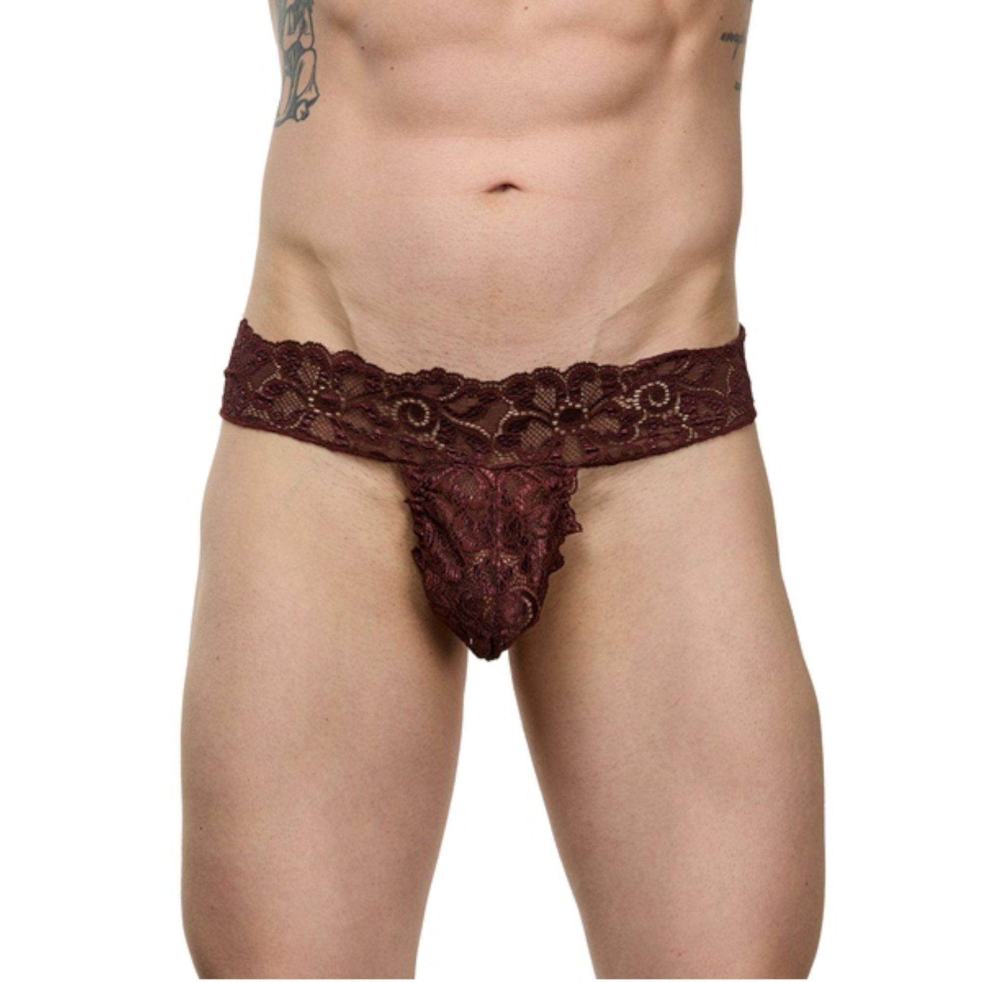 Мужские коричневые кружевные трусы-тонги 1