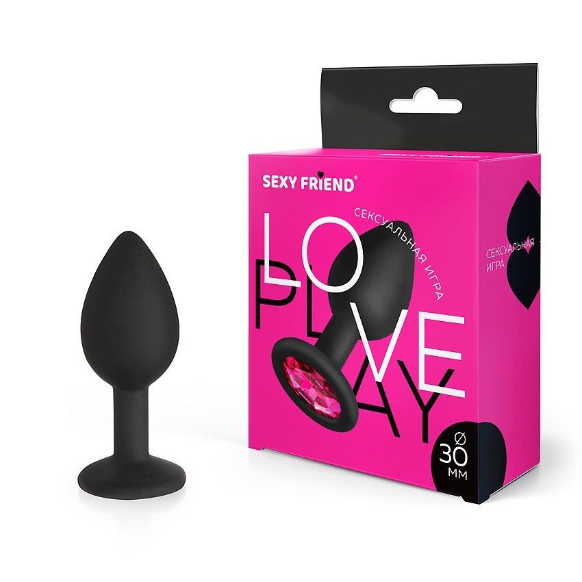 Черная силиконовая анальная втулка с малиновым кристаллом - 7,3 см. 2