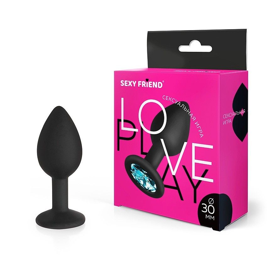 Черная силиконовая анальная втулка с голубым кристаллом - 7,3 см. 2