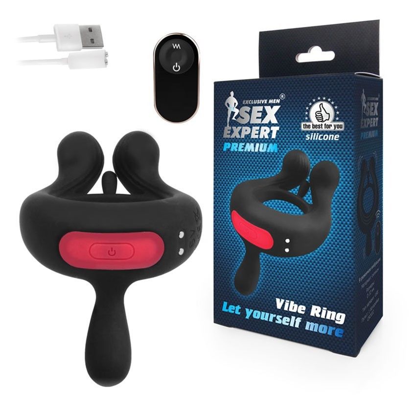 Черное эрекционное виброкольцо Sex Expert с пультом ДУ 2