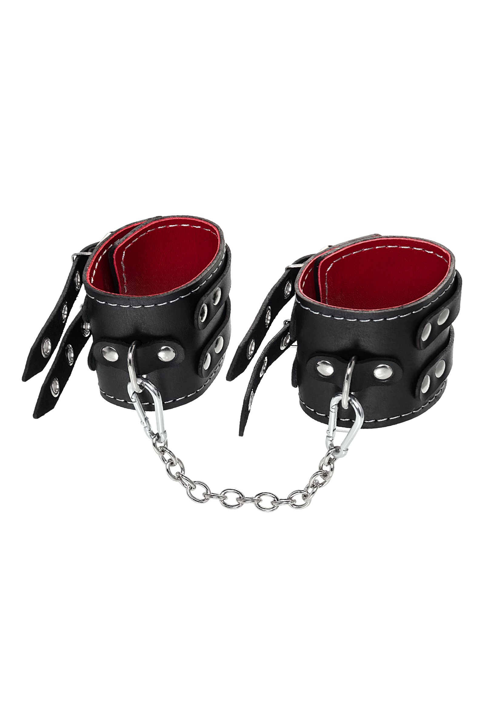 Черные кожаные оковы с двумя ремнями и красной подкладкой 2