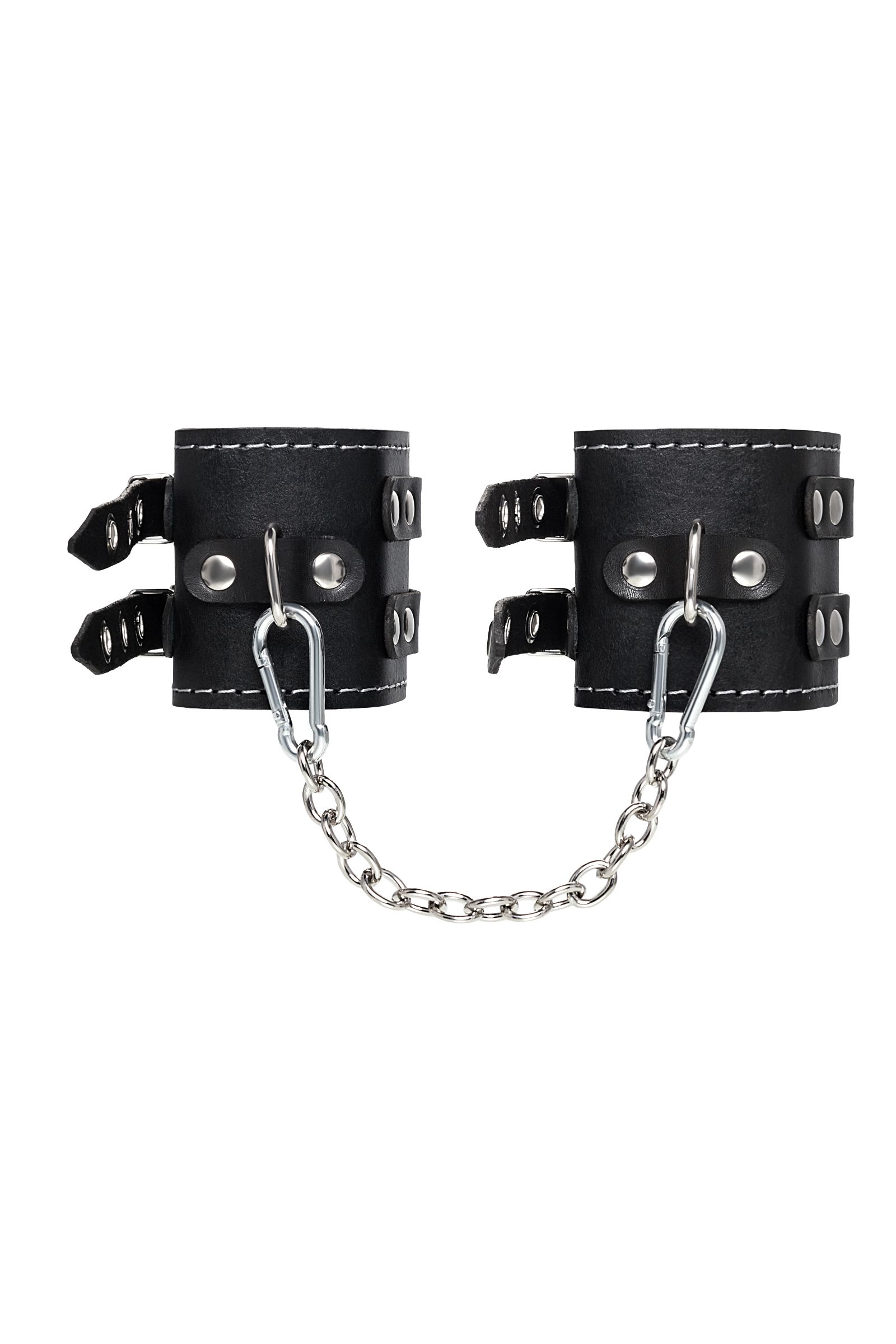 Черные кожаные оковы с двумя ремнями и красной подкладкой 3