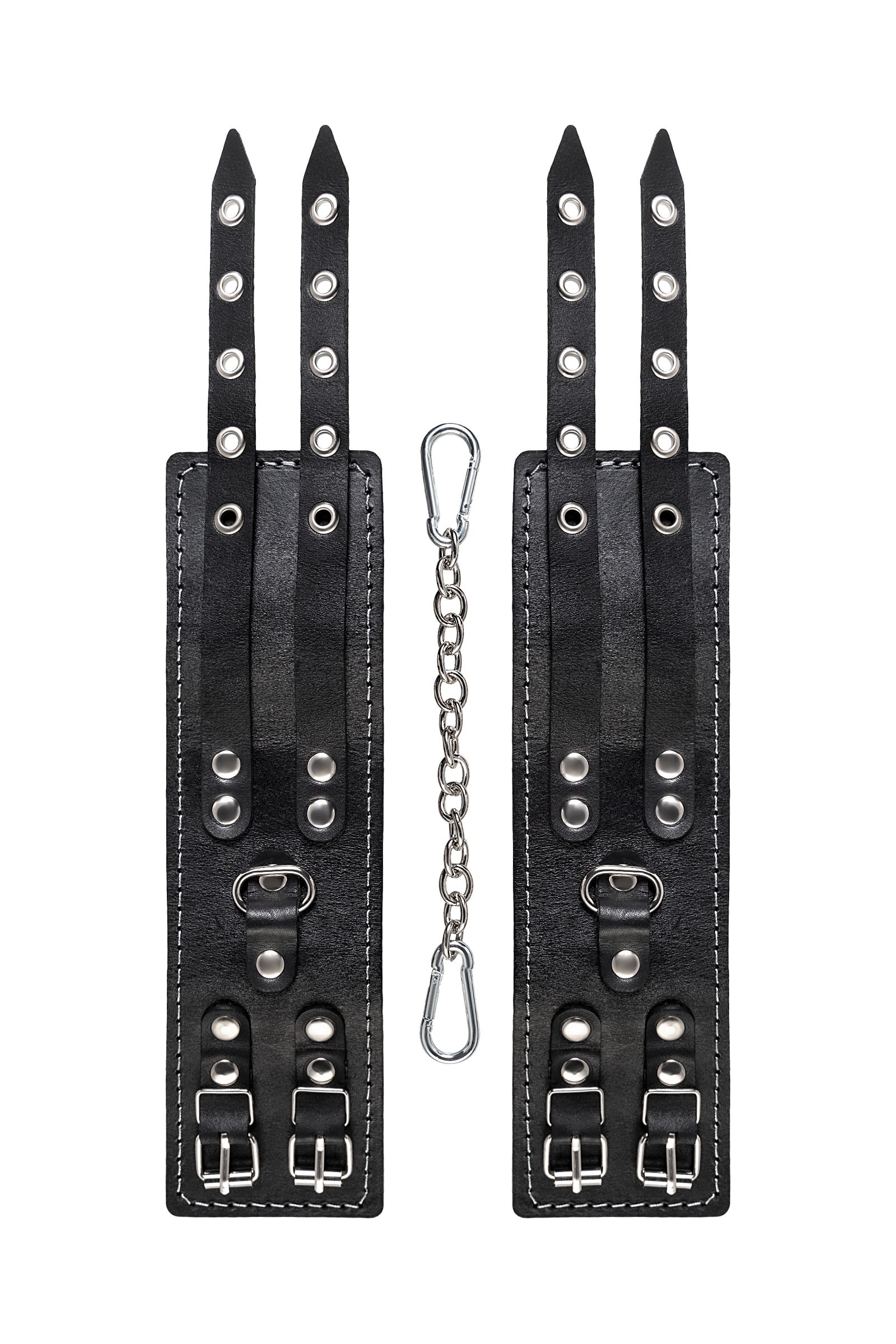 Черные кожаные оковы с двумя ремнями и красной подкладкой 5