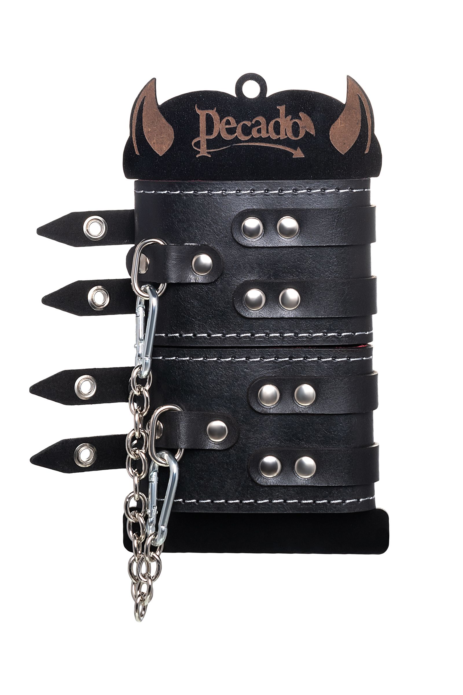 Черные кожаные оковы с двумя ремнями и красной подкладкой 6